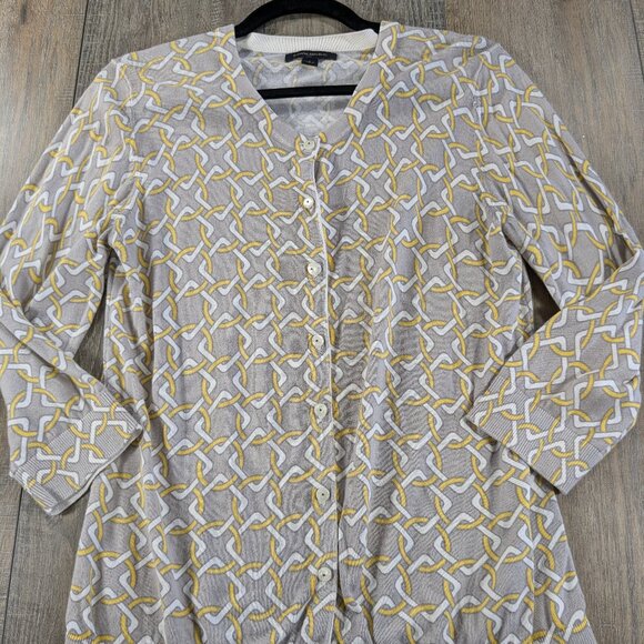 Banana Republic Cardigan Womens Large Gray Yellow Print 3/4 Sleeve Button Preppy - Picture 1 of 10